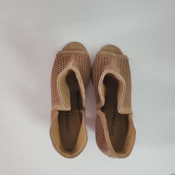 Lucky Brand Larisa Booties Women's 8W Tan Neutral Peep-Toe Leather Block Heel - Picture 5 of 14